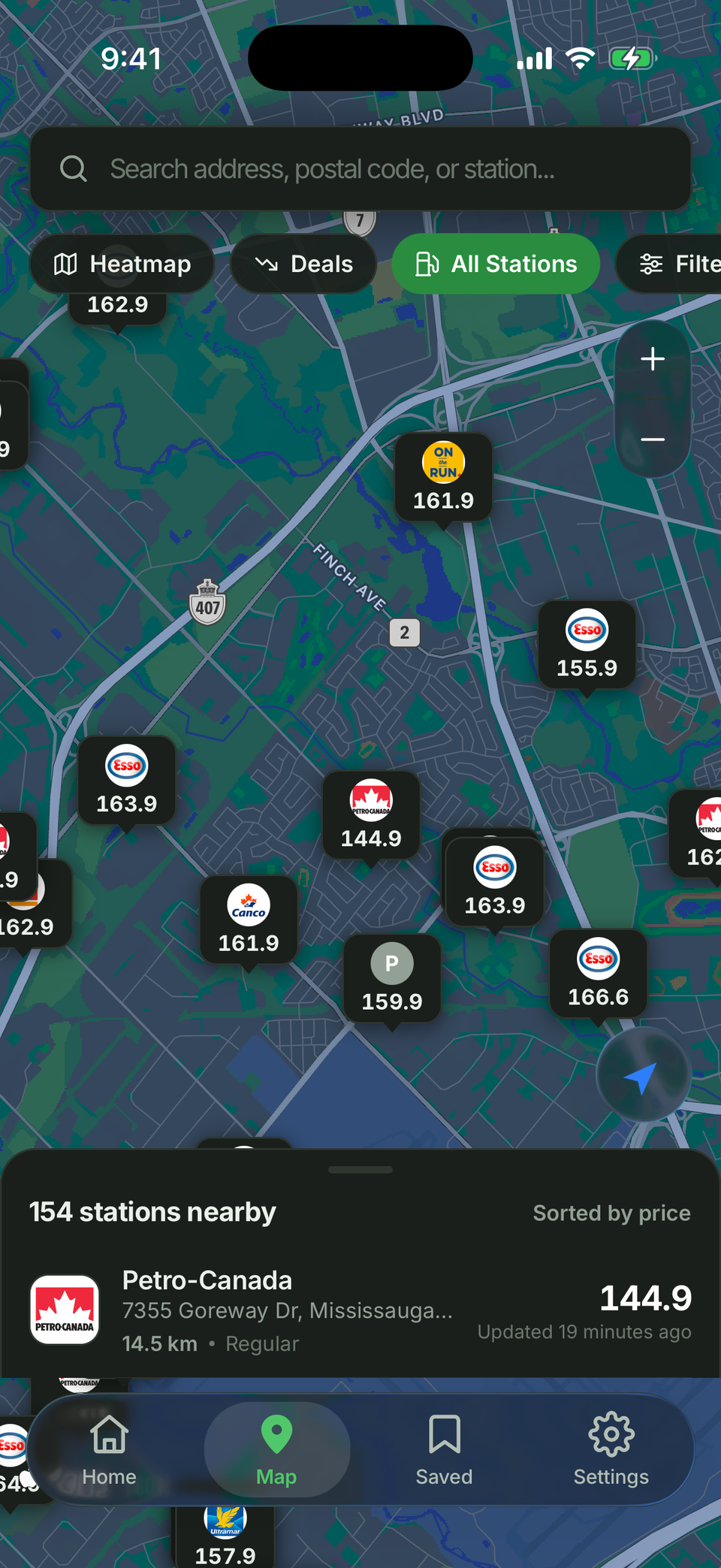 GasMap's dark mode: the live station map with price pins on a dark map