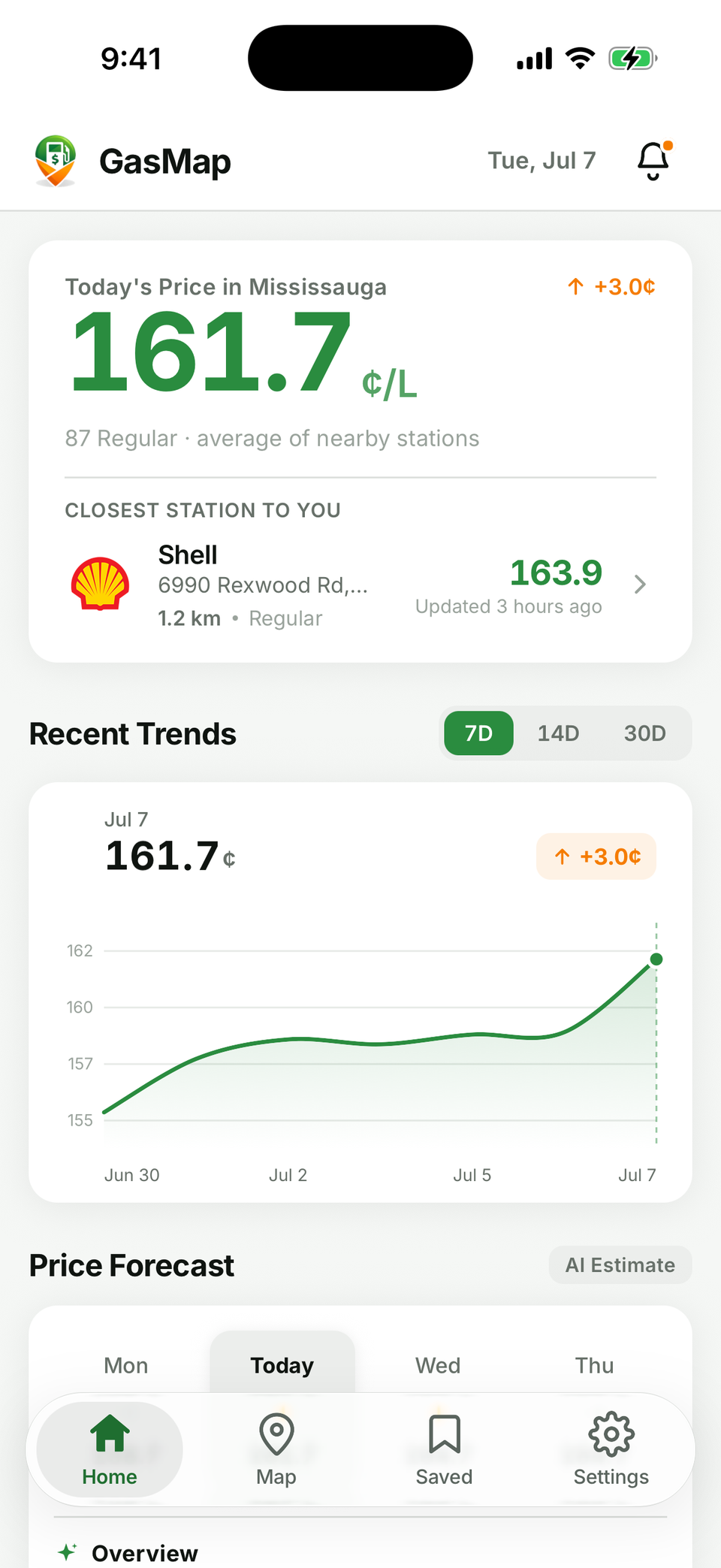GasMap's home screen with today's local price, a trend chart, and the AI forecast