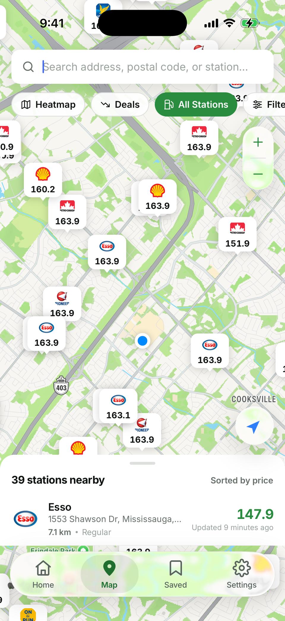 GasMap's live map of Mississauga with price pins for every nearby gas station