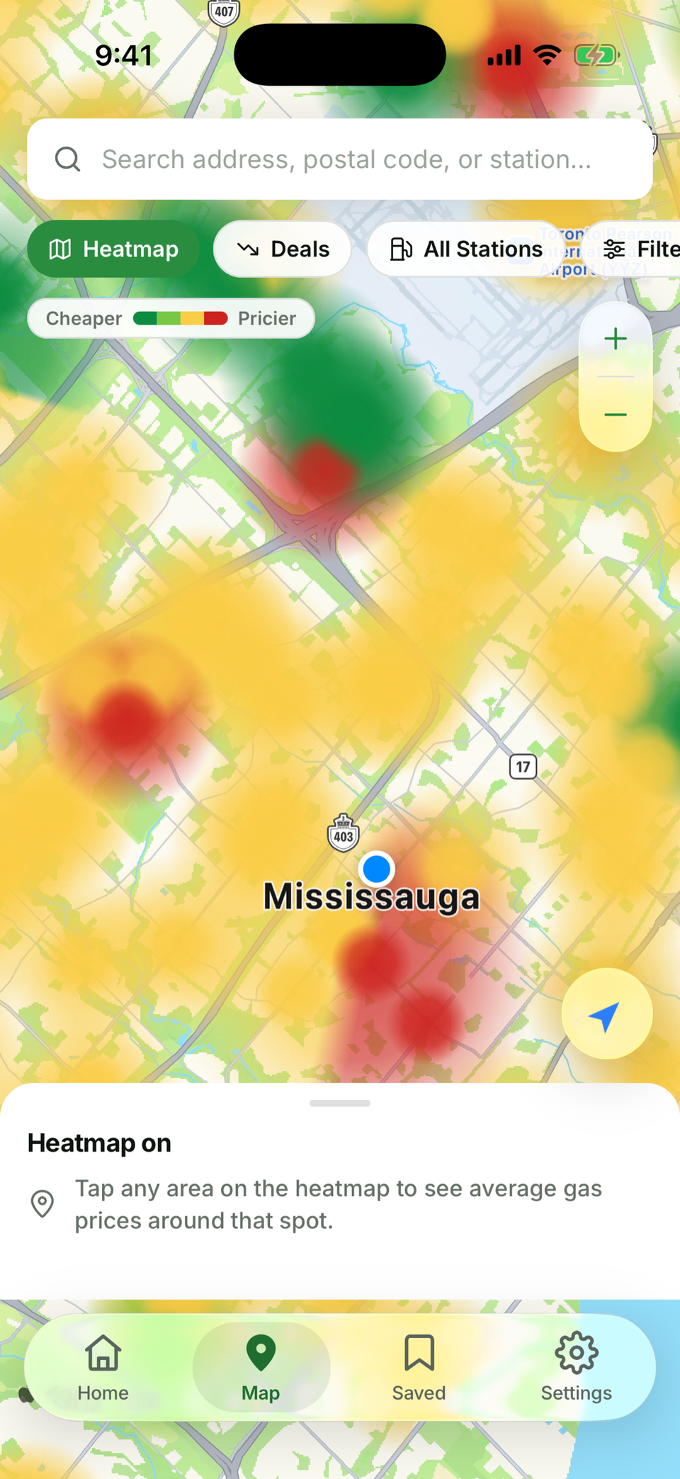 GasMap's price heatmap with cheap zones in green and expensive zones in red