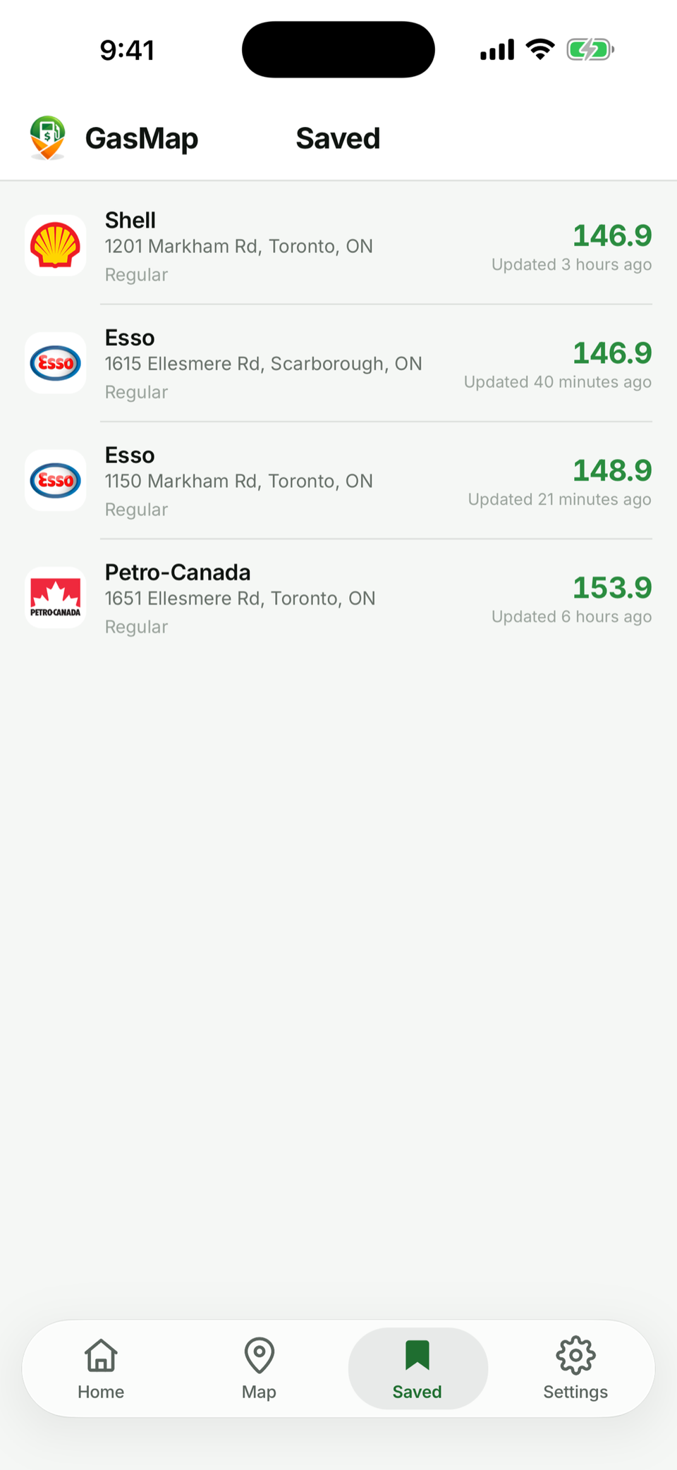 GasMap's saved screen showing favourite stations and their current prices