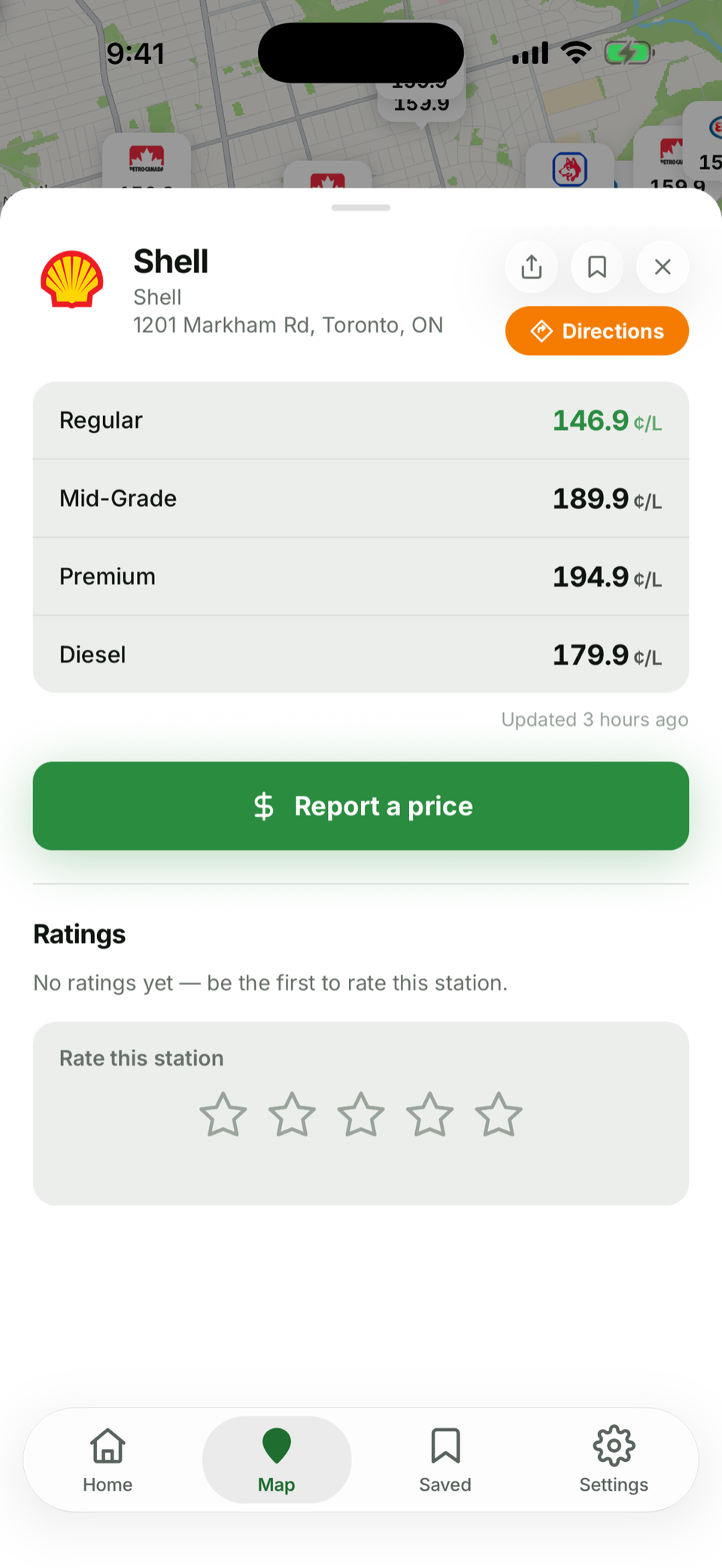 A station detail sheet listing prices for every fuel grade