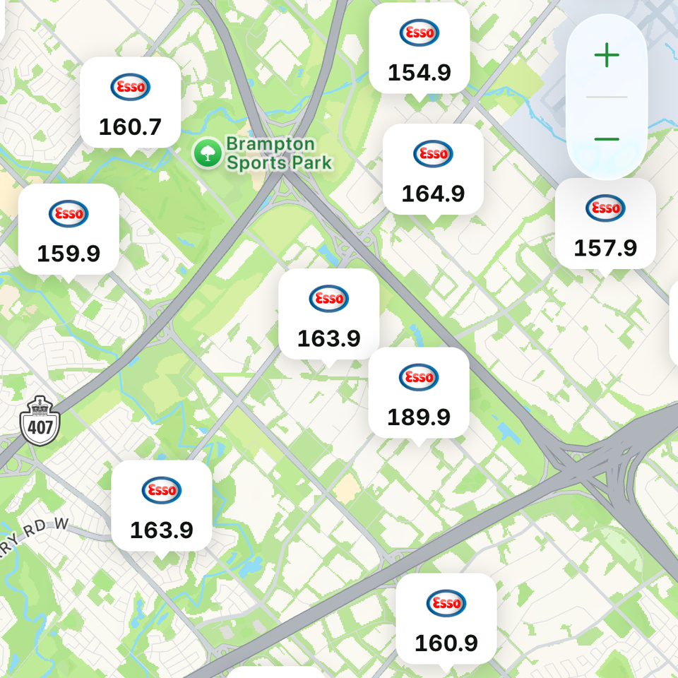 The map filtered to show only Esso stations and their prices