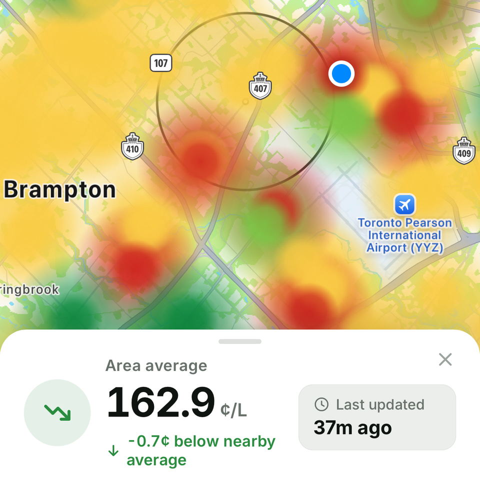 A tapped heatmap circle showing an area average of 162.9 cents per litre, 0.7 cents below the nearby average