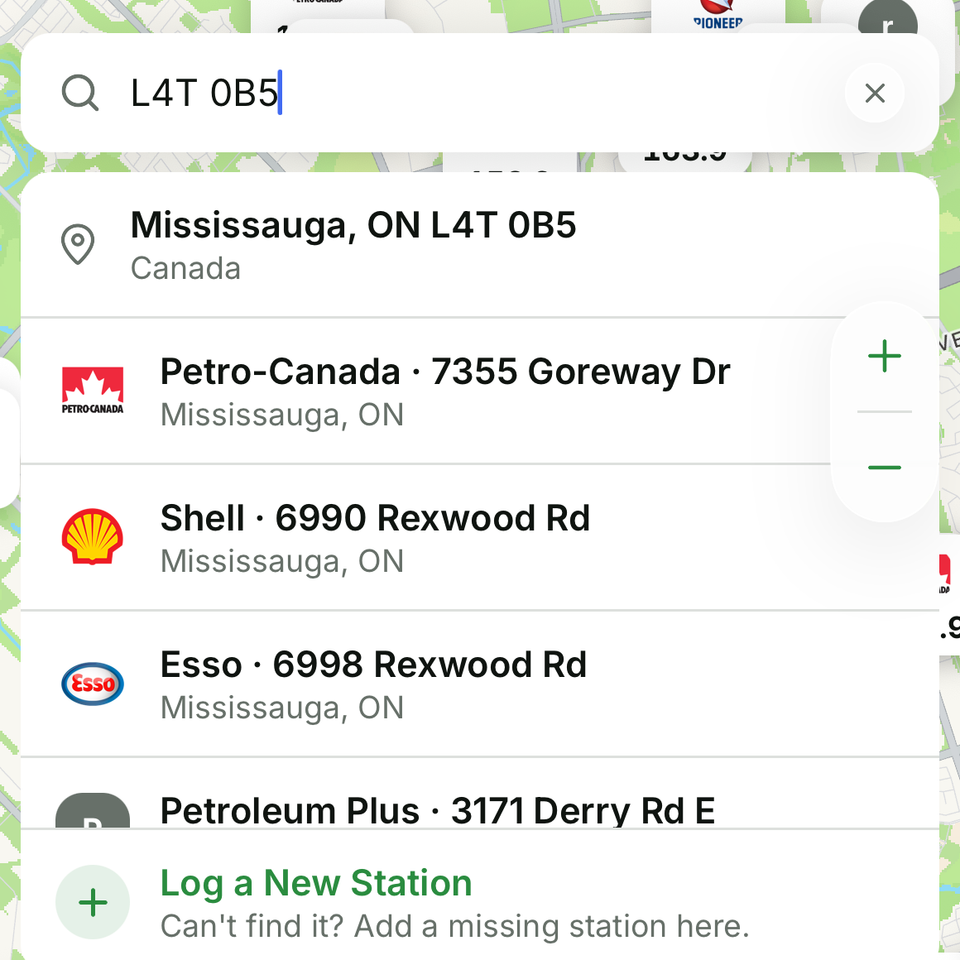 The search dropdown showing a postal code result and the gas stations nearest to it
